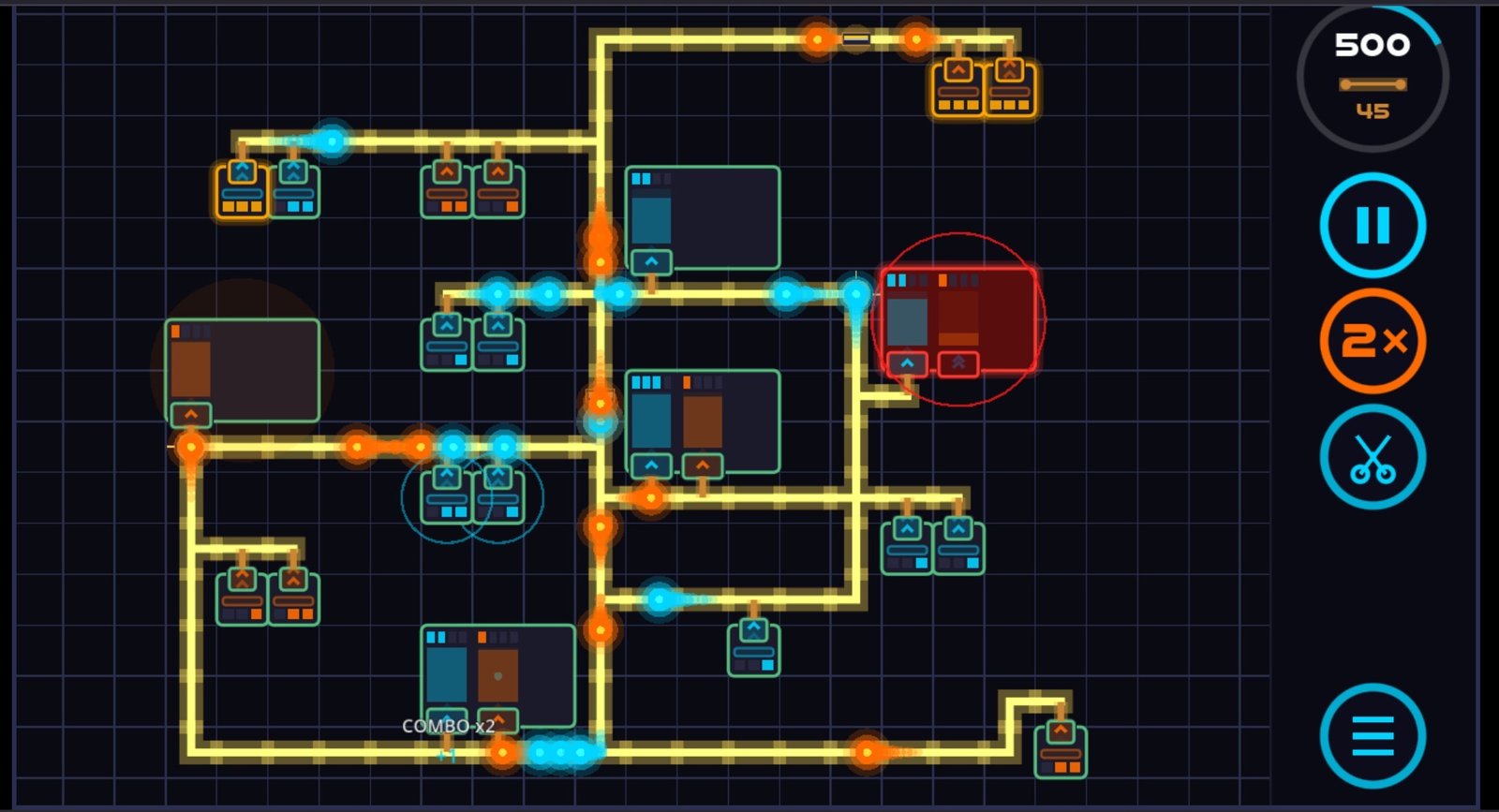A microchip outlined in red with its receiver columns pulsing, flagging critically low power while a COMBO x2 popup and 2x speed sit active in the corner.